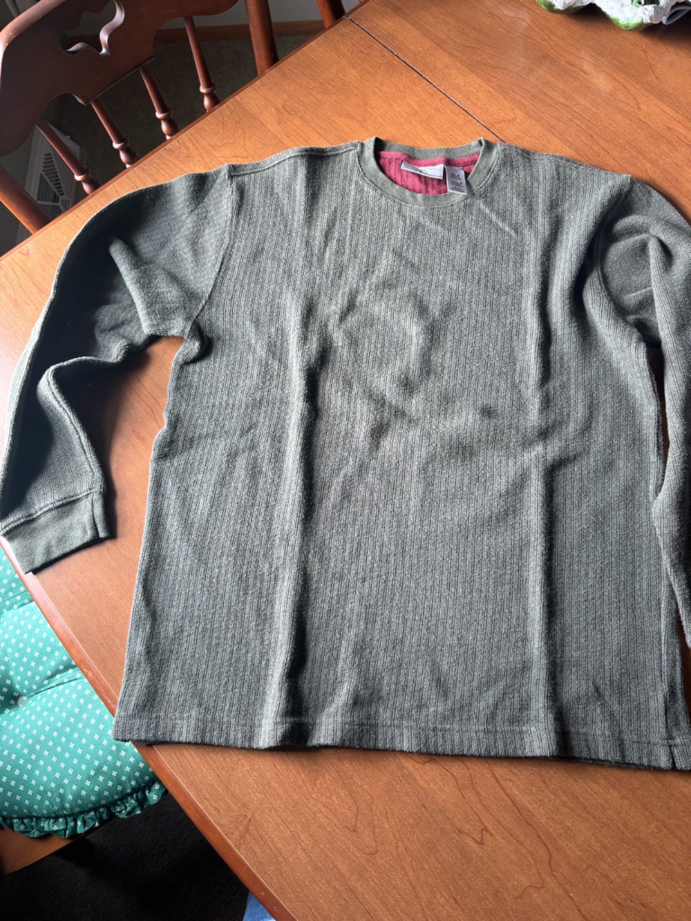 Farah Olive Green Ribbed Long Sleeve Top with Burgundy Trim